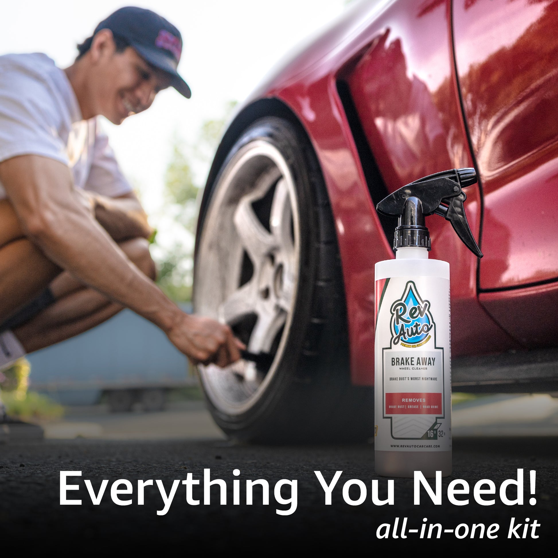 Rev Auto Wheel Cleaning Kit - 2 Item Wheel and Tire Cleaning Kit Includes 16oz Car Wheel Cleaner and Wheel Cleaner Brush Works for All Wheels and